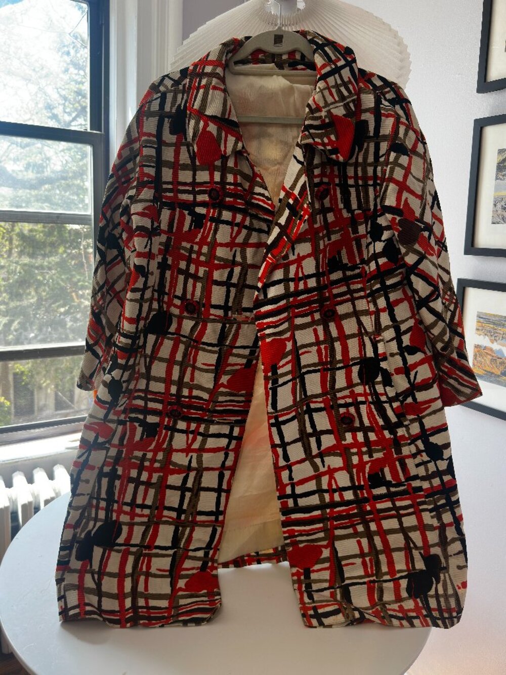 Vtg 60s Zim-Stra Original Abstract Graphic Print Swing Coat Atomic MCM Red